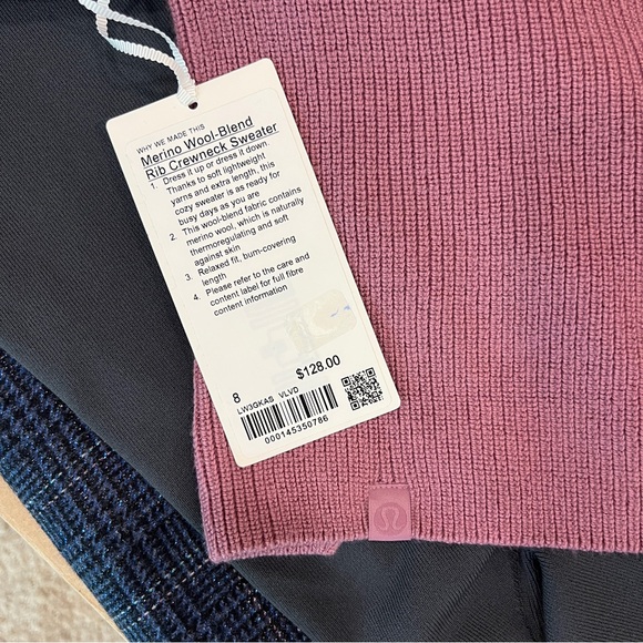 Lululemon Merino Wool Blend Ribbed Crew Neck Sweater Velvet Dust Pink Size 8 NEW
